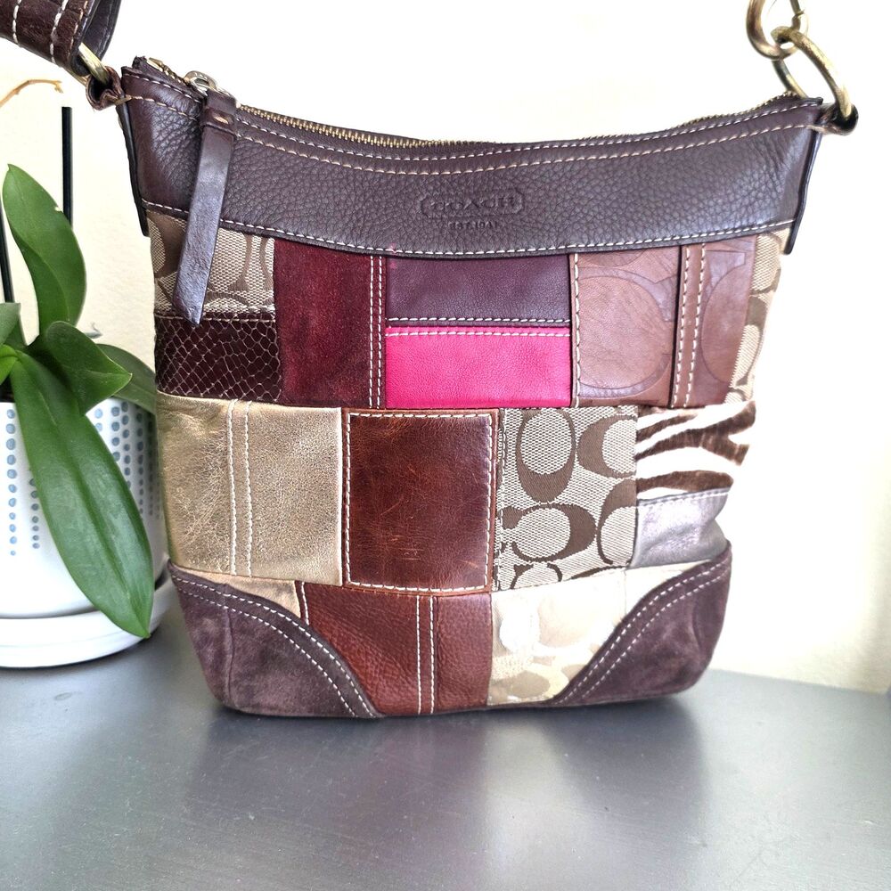 VTG Coach Patchwork Shoulder Bag Suede Leather Signature Jacquard Hobo Purse Y2K